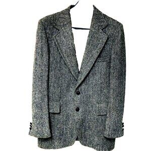 Harris Tweed‎ Wool Blazer Sport Coat Men 42 VTG Black Gray Herringbone Scottish